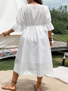 SHEIN LUNE Plus Flare Sleeve Button Front Dress - White - View 2