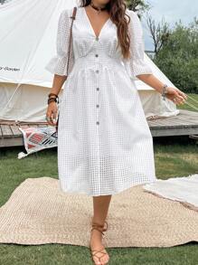 SHEIN LUNE Plus Flare Sleeve Button Front Dress - White - View 3