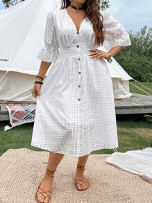 SHEIN LUNE Plus Flare Sleeve Button Front Dress - White - View 4