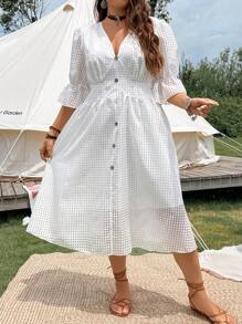 SHEIN LUNE Plus Flare Sleeve Button Front Dress - White - View 5