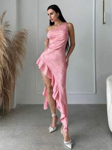 SHEIN SXY One Shoulder Ruffle Trim Asymmetrical Hem Dress - Baby Pink - View 1