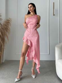 SHEIN SXY One Shoulder Ruffle Trim Asymmetrical Hem Dress - Baby Pink - View 3
