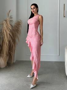 SHEIN SXY One Shoulder Ruffle Trim Asymmetrical Hem Dress - Baby Pink - View 4