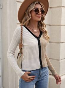 SHEIN Clasi Two Tone Button Front Ribbed Knit Cardigan - Multicolor - View 5