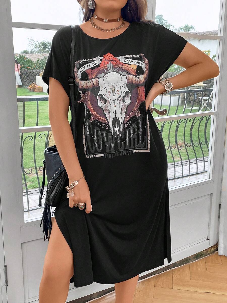 Flirla Hơn Hình ảnh con bò &  chữ cái tay cánh Váy áo thun - màu đen - Xem 1