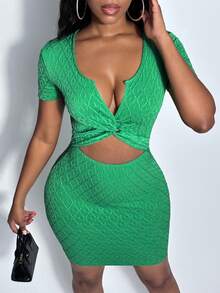 Slaydiva Twist Front Cut Out Bodycon Dress - Green - View 4
