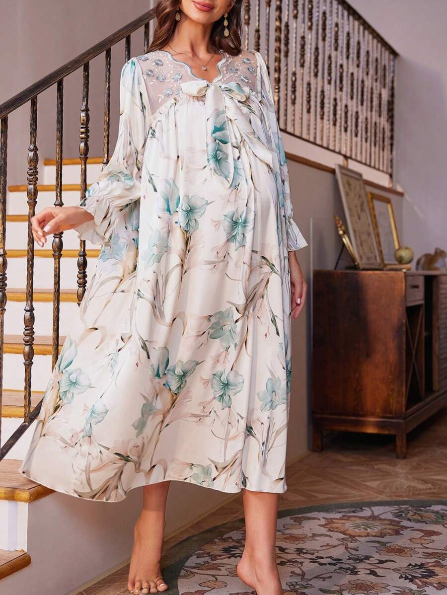 SHEIN 孕妇花卉印花荷叶边袖缎面睡裙，适合妈妈、睡衣裙