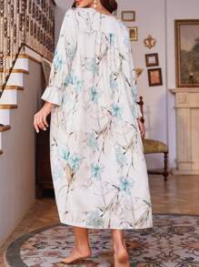 SHEIN 孕妇花卉印花荷叶边袖缎面睡裙，适合妈妈、睡衣裙