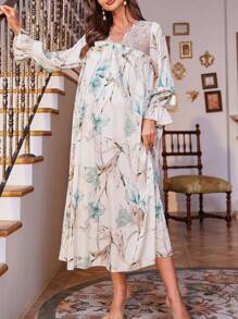 SHEIN 孕妇花卉印花荷叶边袖缎面睡裙，适合妈妈、睡衣裙