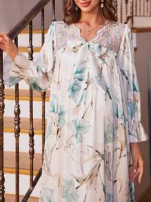 SHEIN 孕妇花卉印花荷叶边袖缎面睡裙，适合妈妈、睡衣裙