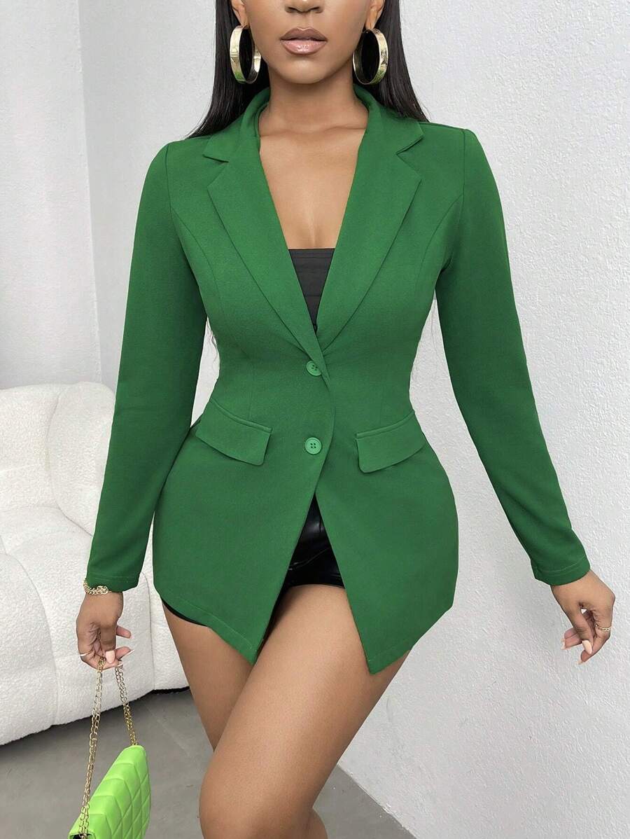 SHEIN SXY Plus Size Green Button Slim Fit Women's Blazer - Green - View 1