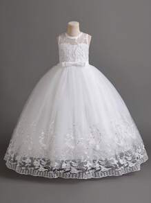 SHEIN Tween Girls' Lace Embroidery Mesh Bridesmaid Flower Girl Tulle Dress For Party, Show Host, Birthday Events - White - View 1