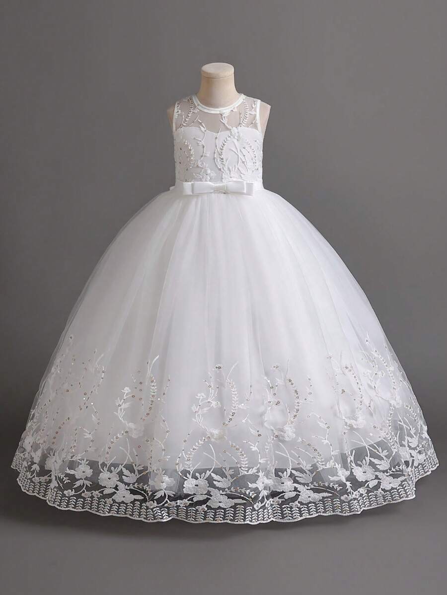 SHEIN Tween Girls' Lace Embroidery Mesh Bridesmaid Flower Girl Tulle Dress For Party, Show Host, Birthday Events - White - View 1