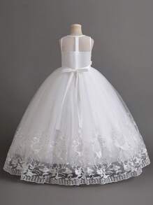 SHEIN Tween Girls' Lace Embroidery Mesh Bridesmaid Flower Girl Tulle Dress For Party, Show Host, Birthday Events - White - View 2