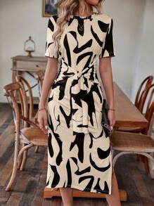 SHEIN LUNE 滿版印花前打結連衣裙 - 杏色 - 查看 1