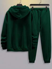 Manfinity Homme 男士字母圖案袋鼠口袋抽繩連帽衫和運動褲 - 墨綠色 - 查看 2