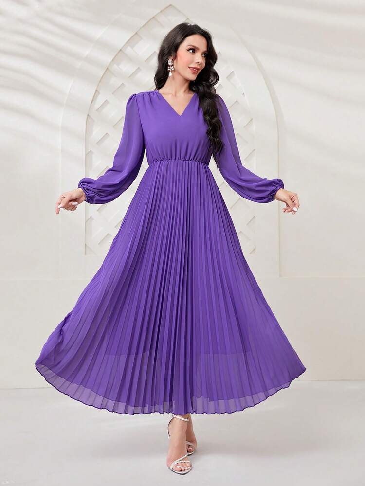Modelyn Lantern Sleeve Pleated Hem Dress | SHEIN USA