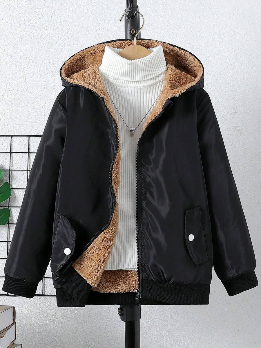 SHEIN Cậu bé Tween Dây kéo Lót Teddy áo có mũ Áo khoác Không có áo len - màu đen - Xem 1