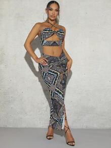 SHEIN SXY 圍巾圖案十字交叉後背繫帶繞頸短上衣&抽繩高衩半身裙 - 彩色 - 查看 4