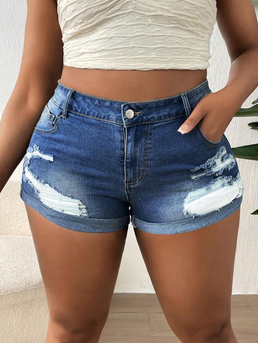 SHEIN Hơn Rách Cuộn lên Hem Quần short Denim - Rửa tối - Xem 1