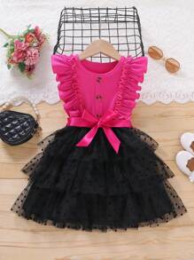 SHEIN 女小童波卡圓點網紗荷葉邊繫腰帶洋裝