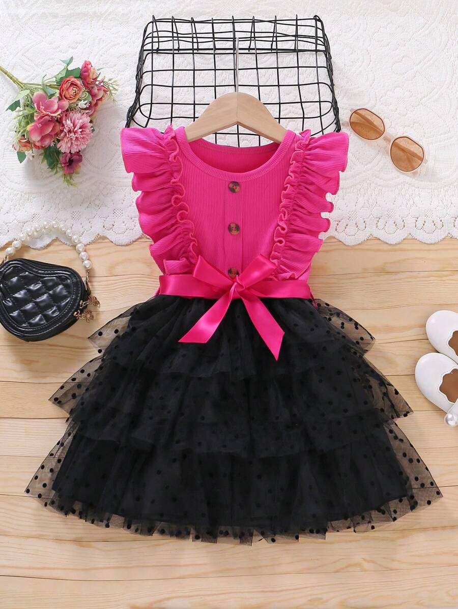 SHEIN 女小童波卡圓點網紗荷葉邊繫腰帶洋裝