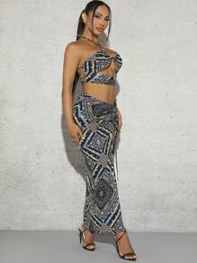 SHEIN SXY 圍巾圖案十字交叉後背繫帶繞頸短上衣&抽繩高衩半身裙 - 彩色 - 查看 5