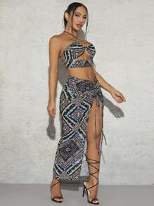 SHEIN SXY 圍巾圖案十字交叉後背繫帶繞頸短上衣&抽繩高衩半身裙 - 彩色 - 查看 6