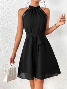 SHEIN LUNE Ca-vát Backless Thắt lưng Halter Neck Đầm - màu đen - Xem 4