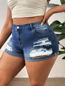SHEIN Hơn Rách Cuộn lên Hem Quần short Denim - Rửa tối - Xem 3