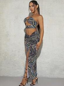 SHEIN SXY 圍巾圖案十字交叉後背繫帶繞頸短上衣&抽繩高衩半身裙 - 彩色 - 查看 7