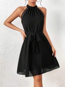 SHEIN LUNE Ca-vát Backless Thắt lưng Halter Neck Đầm - màu đen - Xem 6