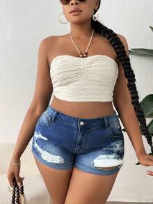 SHEIN Hơn Rách Cuộn lên Hem Quần short Denim - Rửa tối - Xem 4