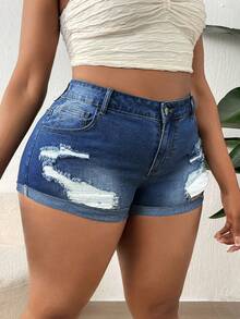 SHEIN Hơn Rách Cuộn lên Hem Quần short Denim - Rửa tối - Xem 5