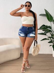 SHEIN Hơn Rách Cuộn lên Hem Quần short Denim - Rửa tối - Xem 6