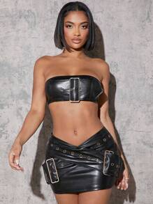 Denimoi 带扣 PU 皮革上衣和裙子两件套 - 黑色 - 查看 5
