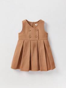 Cozy Pixies 女嬰彼得潘領襯衫&雙排釦百褶下擺背帶裙 - 卡其色 - 查看 8