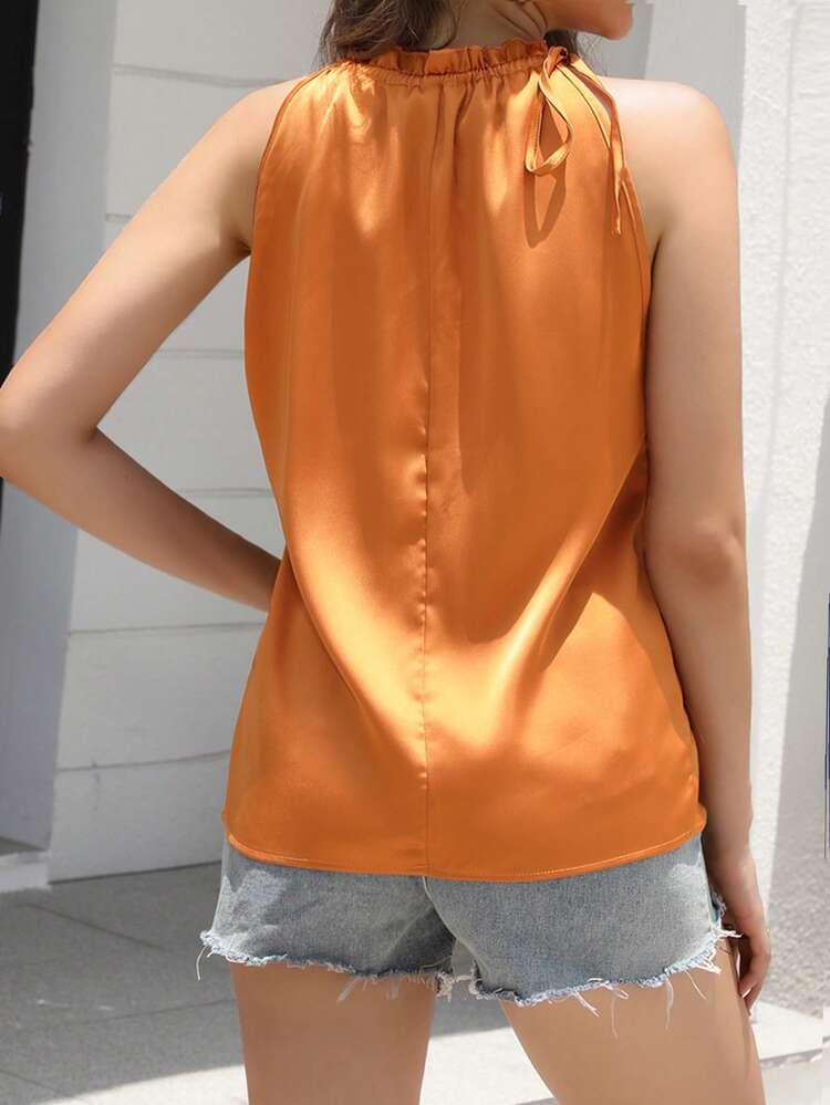 Solid Frill Trim Sleeveless Blouse