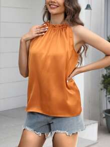 Chiquease Solid Frill Trim Sleeveless Blouse - Ginger - View 5