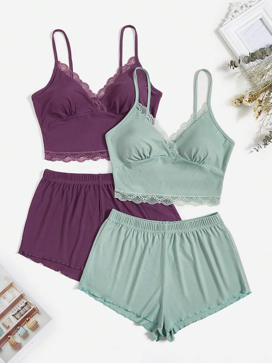 2sets Contrast Lace Lettuce Trim Lounge Set | SHEIN USA