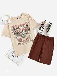 SHEIN EZwear 字母圖案破洞T恤和騎行褲 - 彩色 - 查看 1