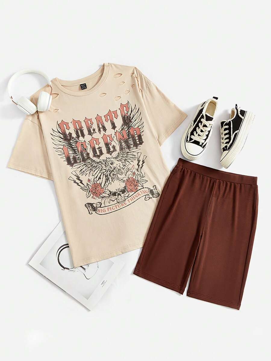 SHEIN EZwear 字母圖案破洞T恤和騎行褲 - 彩色 - 查看 1