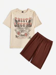 SHEIN EZwear 字母圖案破洞T恤和騎行褲 - 彩色 - 查看 3