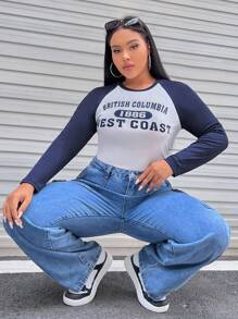 SHEIN EZwear Hơn Đồ họa Chữ cái Tay Raglan Áo thun - Màu be - Xem 1