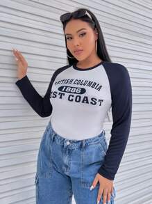 SHEIN EZwear Hơn Đồ họa Chữ cái Tay Raglan Áo thun - Màu be - Xem 3