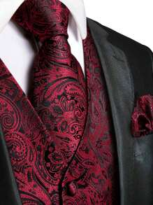 Men Plus Paisley Print Waistcoat Without Shirt - Burgundy - View 3