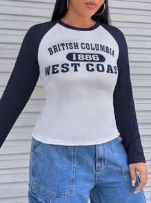 SHEIN EZwear Hơn Đồ họa Chữ cái Tay Raglan Áo thun - Màu be - Xem 4