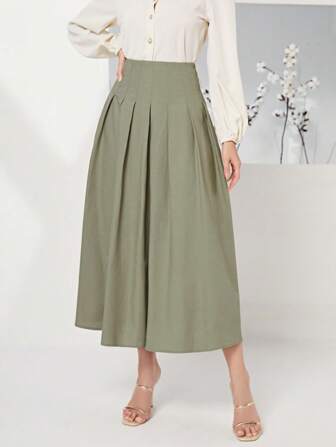 Modelyn Cotton Solid High Waist Fold Pleated Detail Skirt