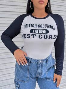 SHEIN EZwear Hơn Đồ họa Chữ cái Tay Raglan Áo thun - Màu be - Xem 5