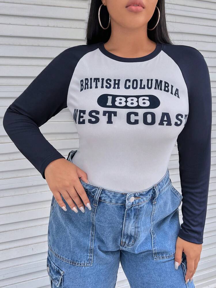 SHEIN EZwear Hơn Đồ họa Chữ cái Tay Raglan Áo thun - Màu be - Xem 5